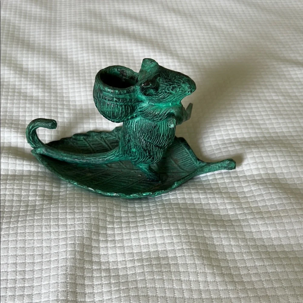 Green Mouse on a Leaf with a paddle Candle Holder Accent with Vintage Charm